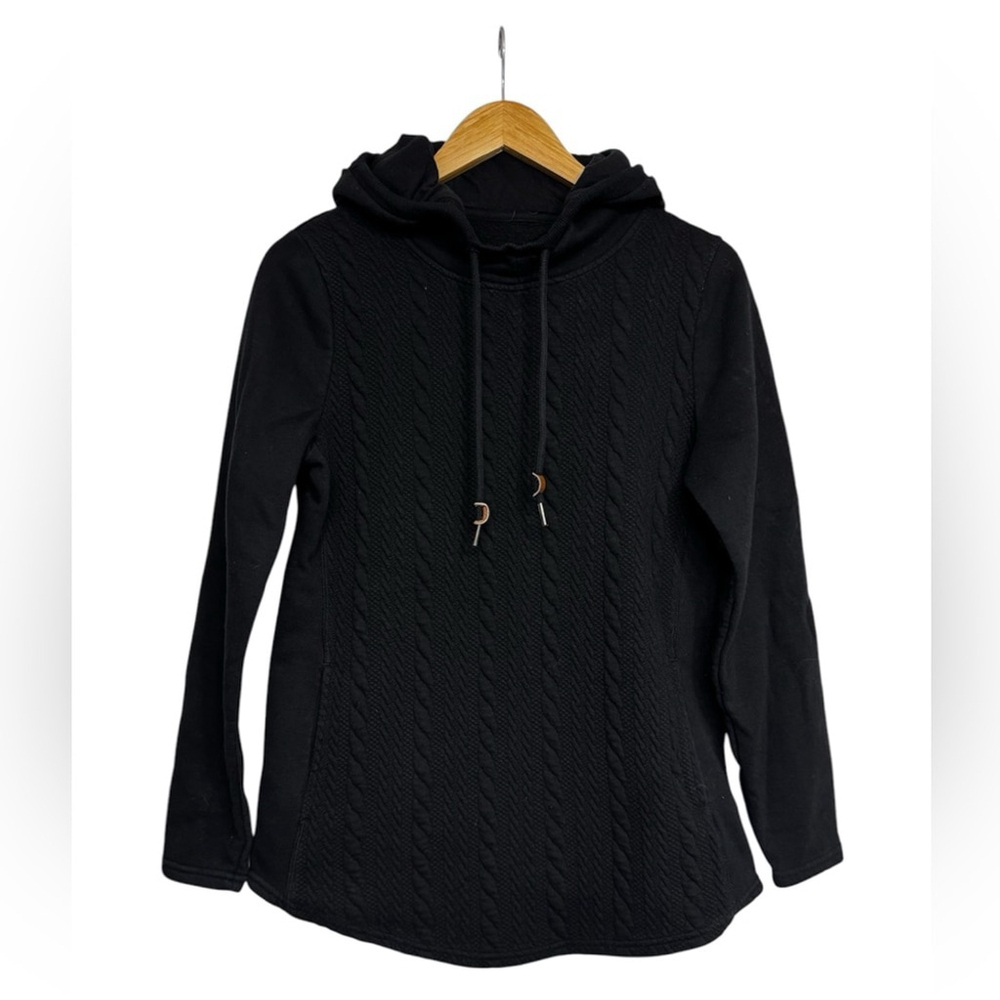 Hooded Pullover Sweater with Cable Knit Detail Black Size Small Classic